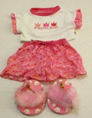 Build A Bear Princess Pajamas Outfit Top Shorts Pink Feather Boa Slippers 4 Pc