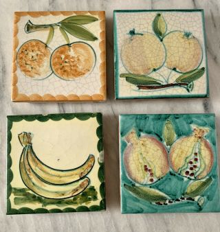 4 Vintage Made In Italy Decorative Tiles Coasters Fruit Pattern Wall Art Trivets