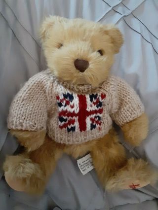 Harrods Knightsbridge Teddy Bear Plush British Jack Flag On Tan Knit Sweater