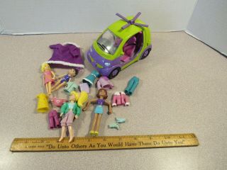 2004 Polly Pocket Doll Purple Green Helicopter Car And Misc Dolls