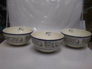 Set Of 3 Better Homes And Gardens 6 " Soup Bowls.  Renes Blue And Yellow Scroll