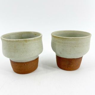 2 Hand Crafted Art Studio Pottery Cups Signed Primitive Artisan Pottery 3 1/4”