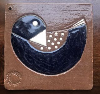 Cabbagetown Pottery Vintage Tile - Blue & White Bird - - Brown Tile/trivet - Hang