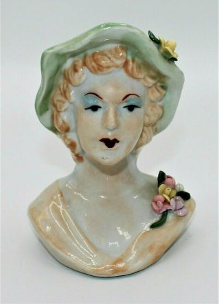 4324 Vintage Ceramic Lady Head Vase/planter Peach Dress Blue Hat W/flowers