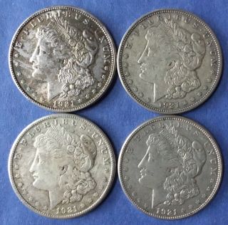 (4) 1921 Morgan Silver Dollars: (1) 21 - P,  (1) 21 - D,  & (2) 21 - S