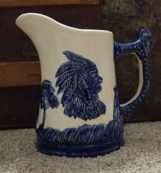 Antique Sleepy Eye Indian & Teepees Blue & White Pottery 8 " Pitcher Monmouth