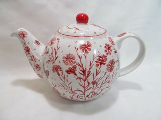 London Pottery Globe Tea Pot With Lid White With Red Flowers David Birch Design