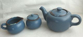Dansk Mesa Sky Blue Teapot Creamer Sugar Bowl Lid Teal Brown Set Of 5