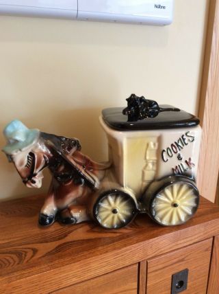 Horse Wagon Cart Cookie Jar - 1950’s,  American Bisque,  740,  Black Cat,