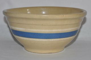 Vintage Watt Ware Pottery Mixing Bowl Blue & White Banded Yellow Ware 8