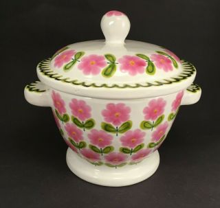 Vintage Pink Flowered Lidded Pot Hand Painted Ceramic Pink White Green