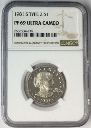 1981 - S $1 Type 2 Susan B Anthony Dollar Ngc Pf69 Ultra Cameo