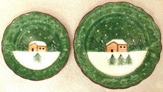 The Cellar Log Cabin Christmas Holiday Dinner & Salad Plate Retired Pattern 1998