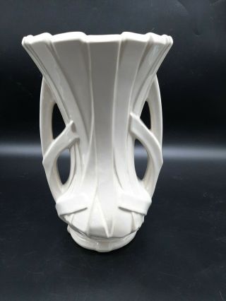 1947 Ivory White Mccoy Strap Double Handle Vase 12 " Deco Style Vase / 1 Flaw