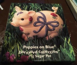 Lenox " Poppies On Blue " Barnyard Pig Sugar Bowl With Pig Tail Spoon - Nib
