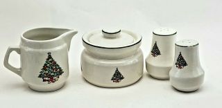 Vtg Christmas Tree Stoneware Sugar Bowl,  Creamer.  Salt And Pepper Shakers.