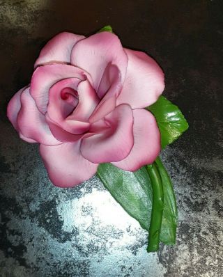 Capodimonte Pink Rose Flower On Stem Vintage Fabar Italian Porcelain Figurine