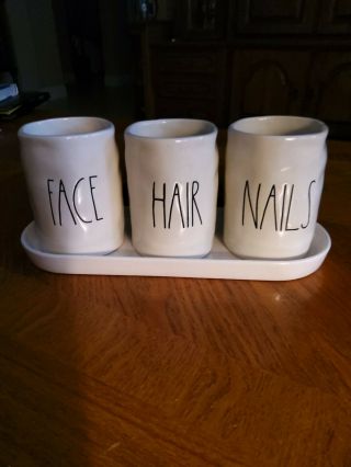 Rae Dunn By Magenta Hair Face Nails Bathroom Cup Holder Tray Set Euc