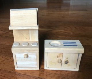 Chunky Wood Dollhouse Miniature Kitchen Stove Oven Sink Cabinets