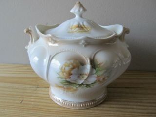 Antique Rs Prussia Porcelain Flowers Decorated Large Sugar Bowl With Cover
