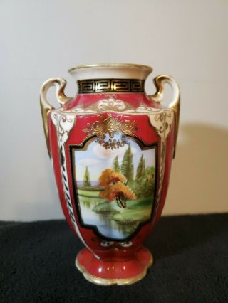 Nippon Hand Painted Double Handled Maroon Vase
