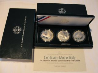 1994 Veterans 3 Coin Us Proof Silver Set And 1