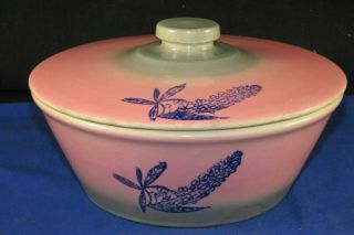 Pottery Yellow Ware Covered Bowl,  Pink W/blue Silhouette Flower Art Unmarked Hull