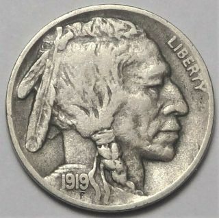 1919 - D Buffalo Nickel Choice Very Fine Vf Denver 5c Coin