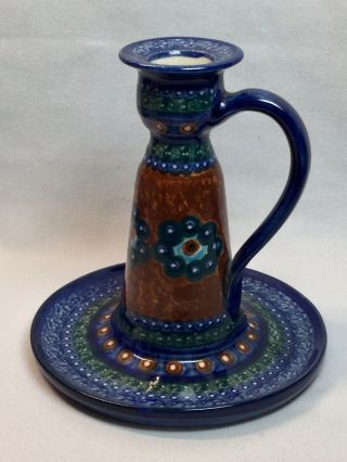 Polish Pottery / Stoneware Chamber Candlestick Bunzlau Blue Flowers M.  Jürgel 6 "
