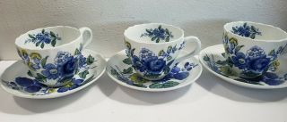 Set Of 3 Copeland Spode Blue Flowers Tea Cups And Saucers