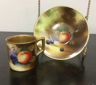Orchard Fruit Demitasse Tea Cup & Saucer Coffee Hand Painted Japan Signed
