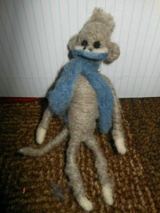 Needle Felted Animal Little Sock Monkey Wool Art Sculpture Ooak