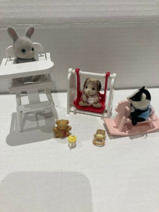 Sylvanian Families High Chair Swing And Pink Rocking Horse With Baby Figures