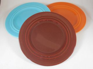 3 Vtg California Pottery Dinner Plates 10” Diameter Bauer Fiesta Ware Brown Blue