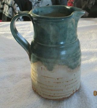 Lynn Handmade Stoneware Pottery Pitcher Green Tan