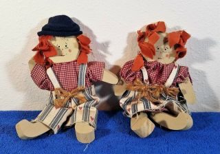 2 Vintage Hand Made Small Raggedy Ann & Andy - Wood Body & Cloth Clothes