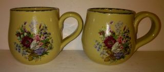 2 Home & Garden Party Floral Stoneware Mugs 4 " Tall By 3 7/8 " Diam Usa Oct 2000