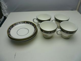 Set Of 4 Wedgwood Runnymede Blue Teacups And Saucers Bone China W4472