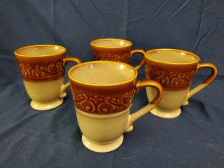 4 Better Homes And Gardens Embossed Scroll Brown & Tan 16 Oz Mugs.  Euc