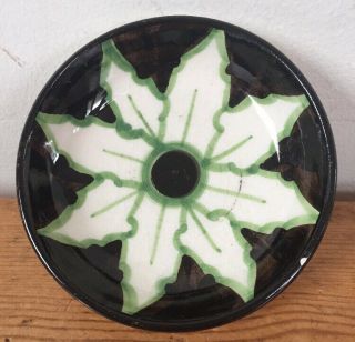 Vintage Hand Painted Italian Black White Green Flower Ceramic Trinket Dish 3 "