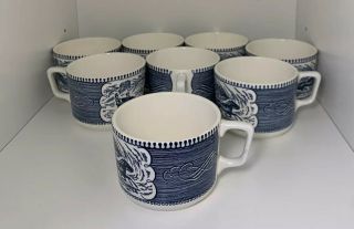 Vintage Currier & Ives " Fashionable Turnouts " Blue/white Set Of 8 Coffee Mugs