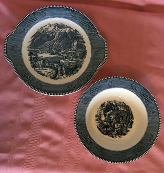 Currier & Ives Blue/white 9” Serving Bowl And 10 1/2” Tab Handle Cake Plate