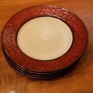 Set Of 4 Pier 1 Imports Stoneware Red Scroll Dinner Plates -
