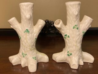 2 Belleek Shamrock Tree Trunk Bud Vases 6 1/2”