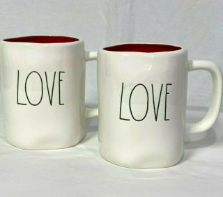 Set Of 2 Rae Dunn Love Mugs White Ceramic Red Interior Love Coffee Mug Set