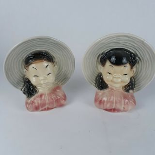 Royal Copley Vintage Wall Pocket Planter Vase Asian Girl Pottery Figure Pair