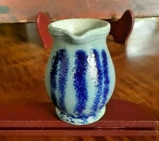 Miniature Primitive Stoneware Salt Glazed Pitcher Cobalt Stripes Decoration