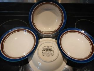 4 Sango Carousel Stoneware Blue 7 1/4 " Soup/cereal Bowl Tan W/blue/brown Bands