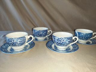 Staffordshire China Liberty Blue Cup & Saucers Old North Church Paul Revere Set