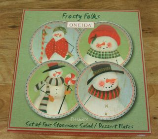 Oneida Fiddlestix S/4 Frosty Folks Snowman 8 - 3/8 " Stoneware Dessert Plates